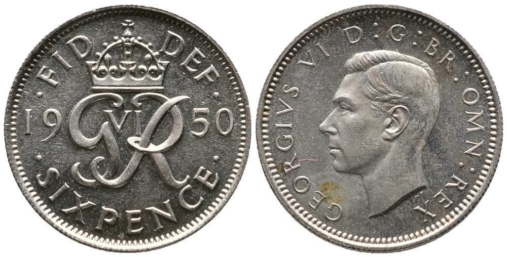Великобритания 6 пенсов 1950 Георг VI (1936-1952) KM 875, Spink 4110 медно-никель UNC 201-562