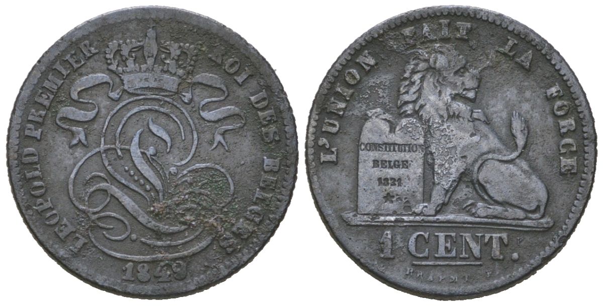Бельгия 1 сантим 1849 Леопольд I (1831-1865), редкий год KM 1 медь 441-821