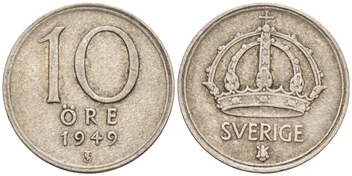Швеция 10 эре 1949 TS, Густав V (1907-1950) KM 813 серебро 4147-855