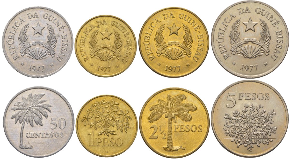 Гвинея-Бисау годовой набор из 4 монет ( 50 сантимов; 1, 2 1/2 и 5 песо) 1977 KM 17, 18, 19 и 20 алюминиевая бронза UNC 4626-521-524
