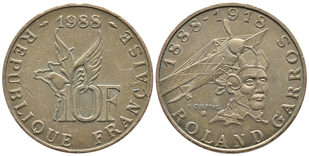 Франция 10 франков 1988 100 лет со дня рождения Ролан Гарроса (1888-1918) KM 965 алюминиевая бронза 83-1953