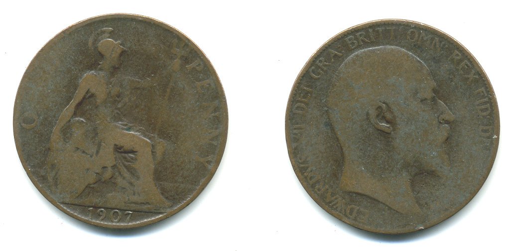 Великобритания 1 пенни 1907 Эдуард VII (1901-1910) KM 794.2, Spink 3990 бронза 540-625