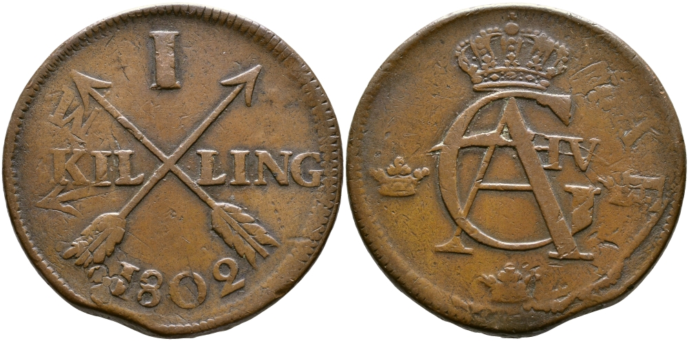 ШВЕЦИЯ 1 СКИЛЛИНГ 1802 KM 566 медь 36-621