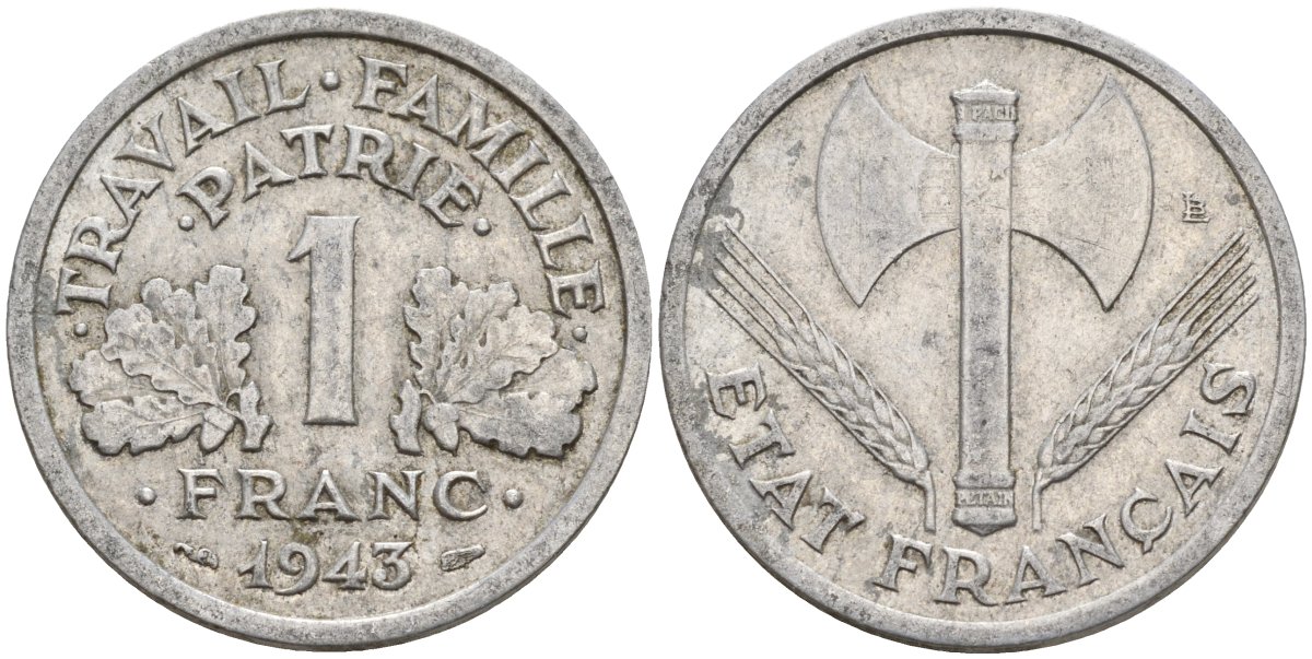 Франция 1 франк 1943 LB, тип Lourde, правительство Виши KM 902.1 алюминий 4142-925
