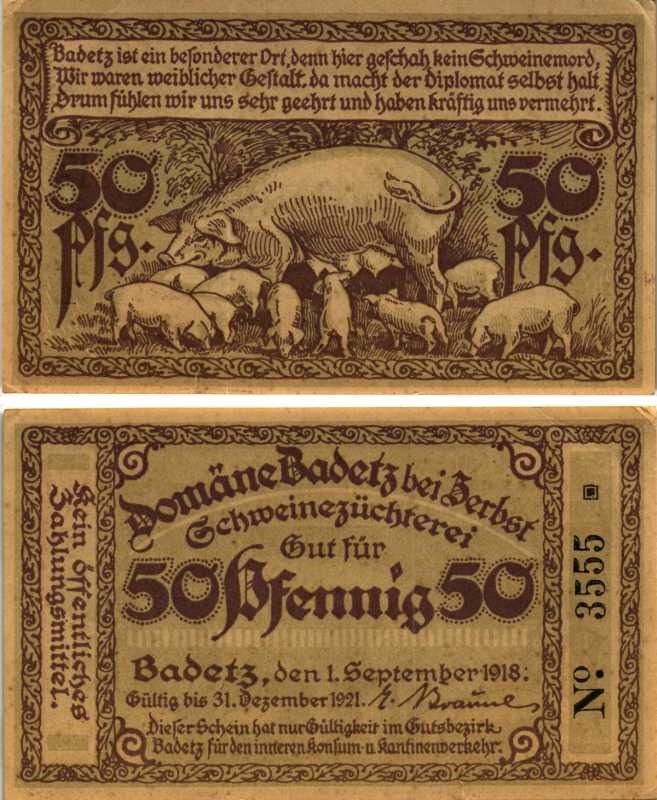 БАДЕЦ, ГЕРМАНИЯ 50 ПФЕННИГОВ 1918 НОТГЕЛЬД, ЗЕМЛЯ САКСОНИЯ-АНХАЛЬТ, 1 СЕНТЯБРЯ 1918, СВИНЬЯ С ПОРОСЯТАМИ ARNOLD KELLER 59.1 бумага 7551-42-3-2