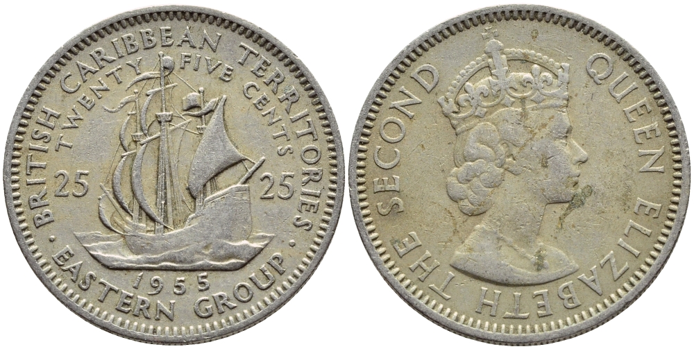 Британские Восточно-Карибские территории 25 центов 1955 Елизавета II (1952-2022), парусник KM 6 медно-никель 4175-152