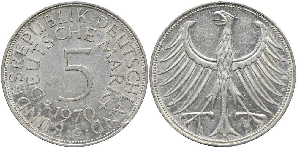 ФРГ 5 МАРОК 1970 G, KM 112.1, J. 387 серебро 1523-411