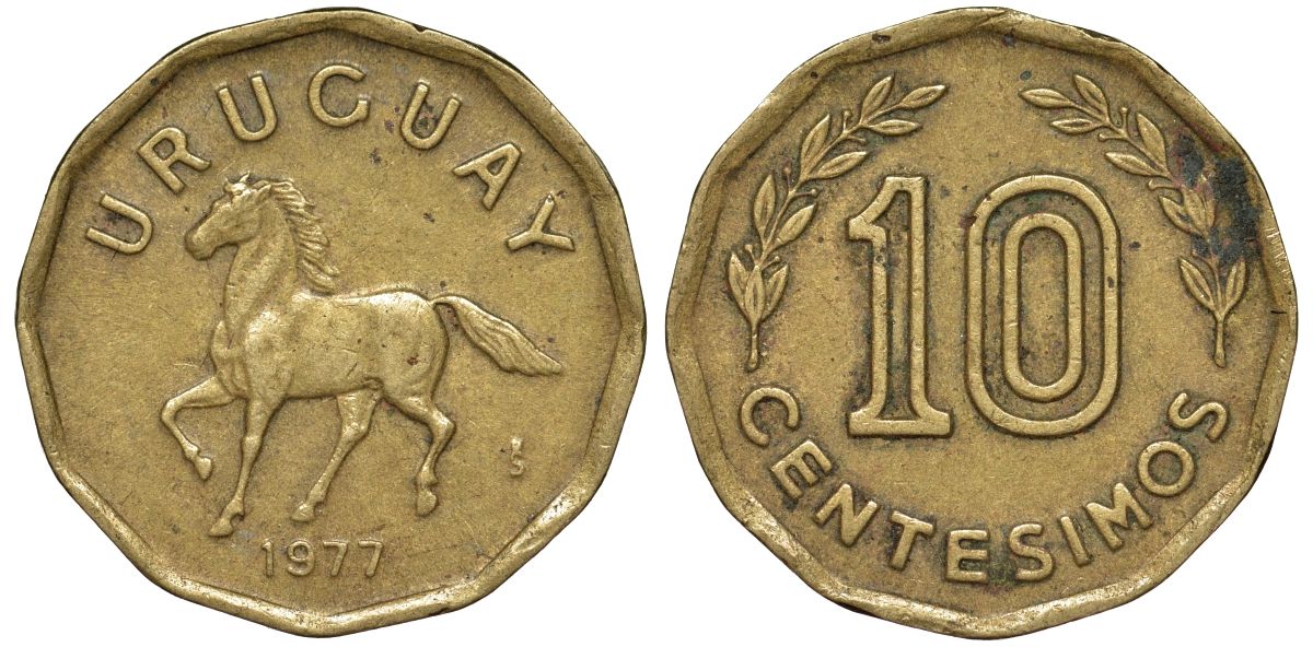 Уругвай 10 сентесимо 1977 KM 66 алюминиевая бронза 4164-759