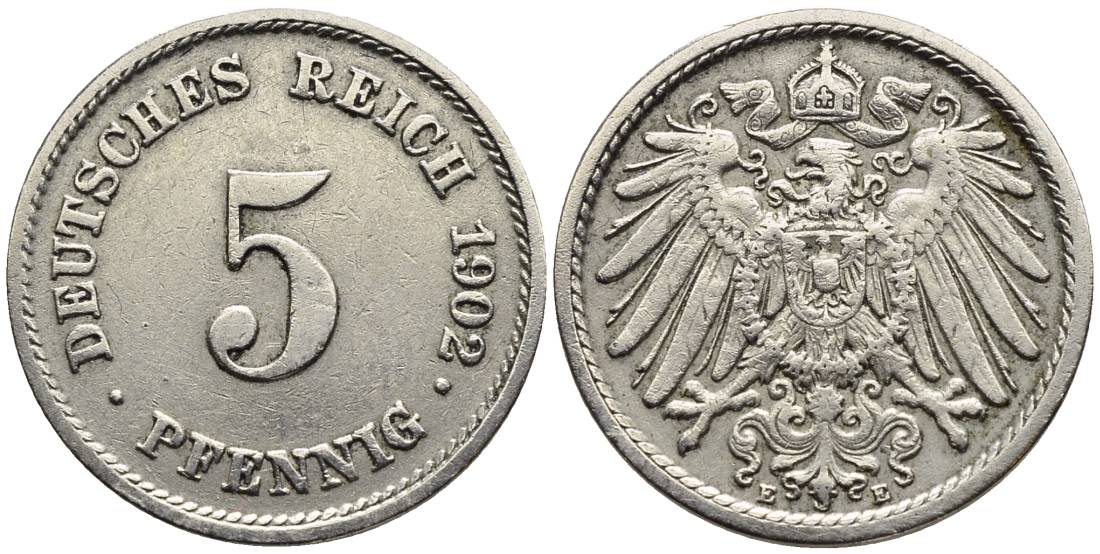 ГЕРМАНИЯ 5 ПФЕННИГОВ 1902 E KM 11, Jager 12, Weege 6 медно-никель 4547-425