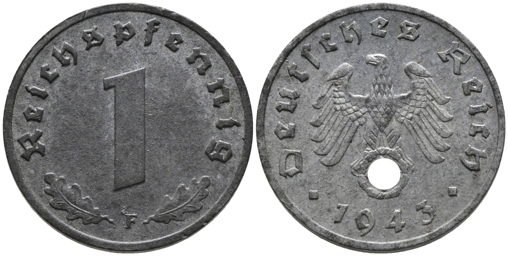 ГЕРМАНИЯ 1 РЕЙХСПФЕННИГ 1943 F KM 97, J.369 цинк 96-813