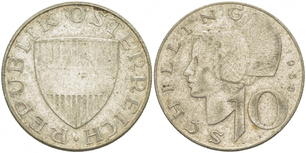 Австрия 10 шиллингов 1958 KM 2882 серебро 4403-935
