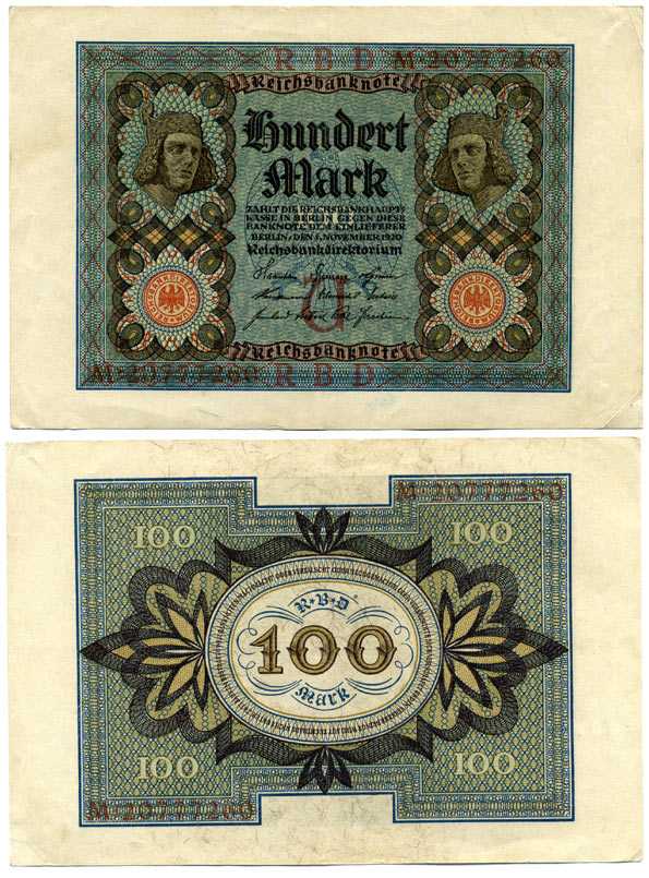 Германия 100 марок 1920 Бамбергский всадник, 8 цифр в номере, серия G, буква M Pick 69 b, Розенберг 67b бумага 7198-28-3-2