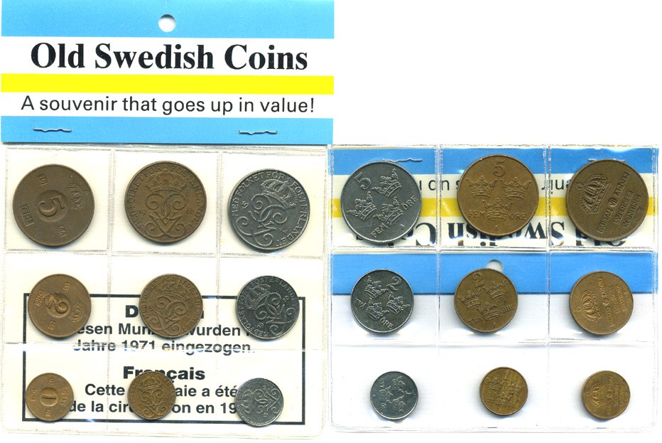 Швеция набор из 9 монет 1937-1970 сувенирный набор, старые шведские монеты Густав VI Адольф (1950-1973) KM 810, 777.2, 820, 811, 778, 821, 812, 779.2, 822 бронза, железо 6-5-3-43
