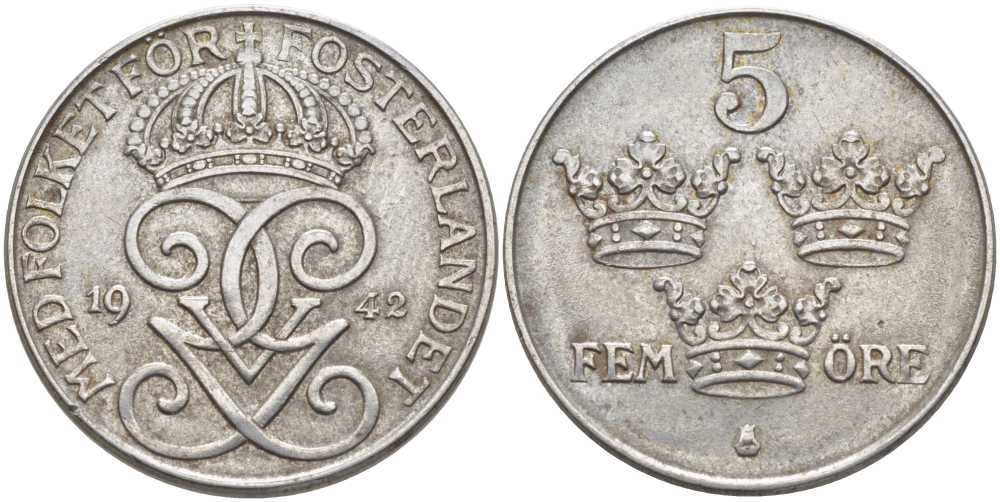 Швеция 5 эре 1942 Густав V (1907-1950) KM 812 железо 115-912