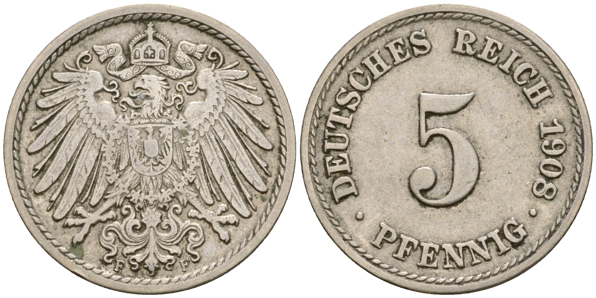 Германия 5 пфеннигов 1908 F KM 11, Jager 12, Weege 6 медно-никель 4364-4526