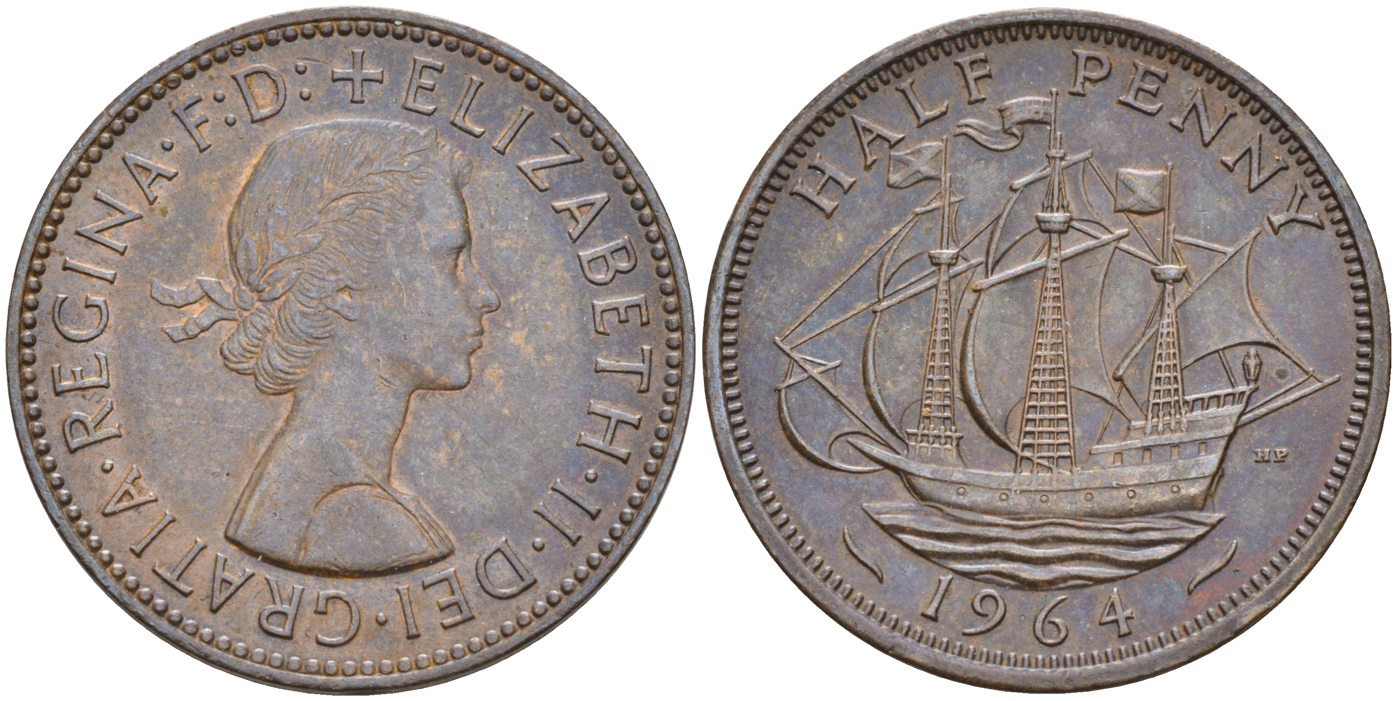 Великобритания 1/2 пенни 1964 Елизавета II (1952-2022) KM 896, Spink 4158 бронза 63-1356