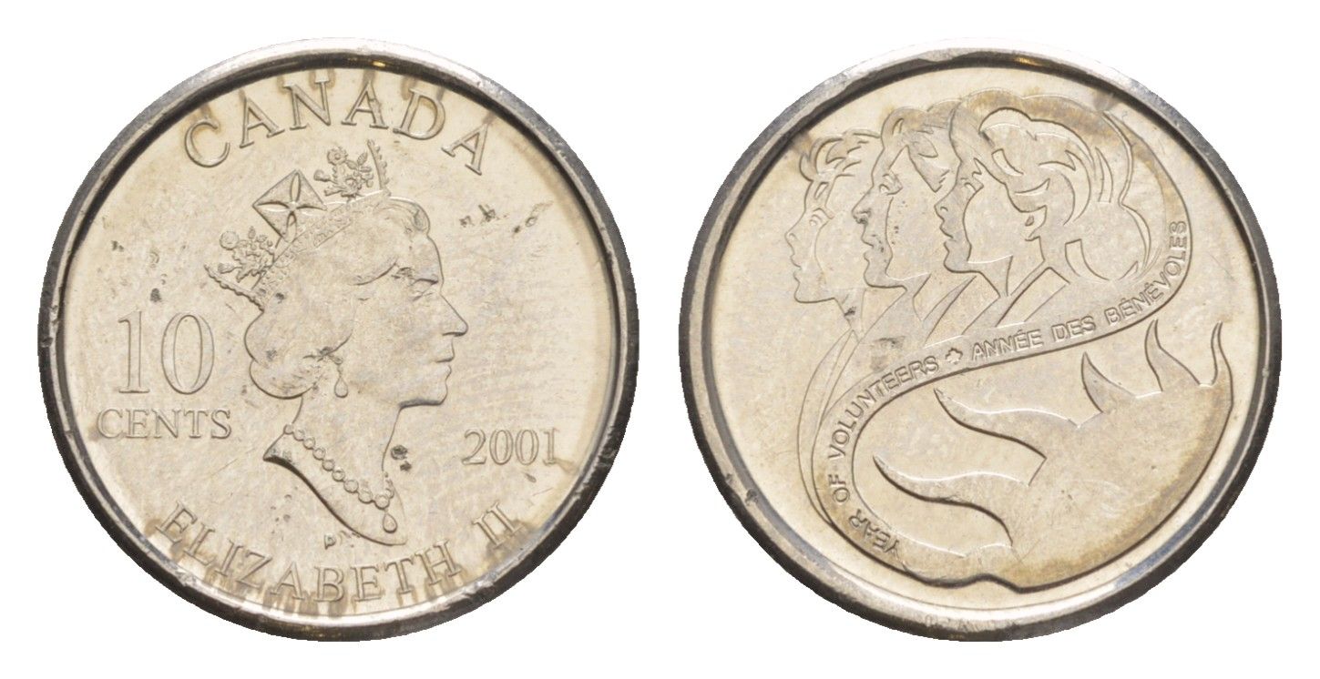 Канада 10 центов 2001 Международный год волонтеров KM 412 сталь плакированная никелем UNC 4630-853