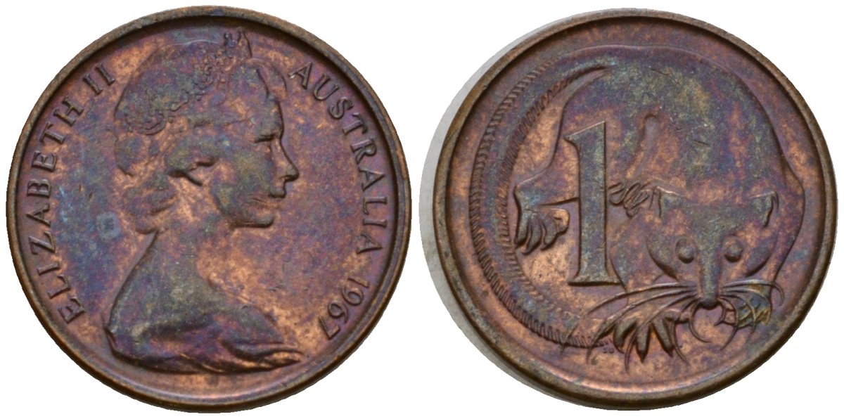 Австралия 1 цент 1967 Елизавета II (1953-), молодой портрет, опоссум KM 62 бронза 4602-215