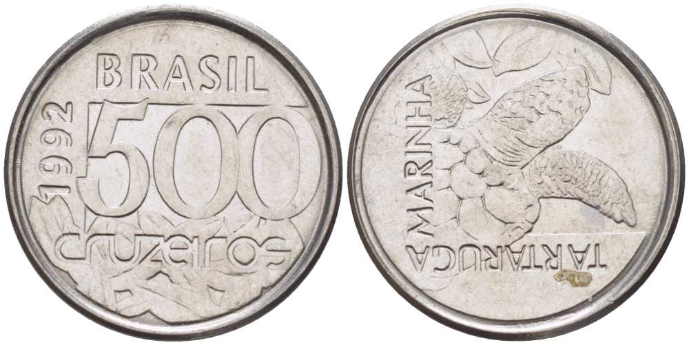 Бразилия 500 крузейро 1992 морская черепаха KM 624 нержавеющая сталь 4396-566