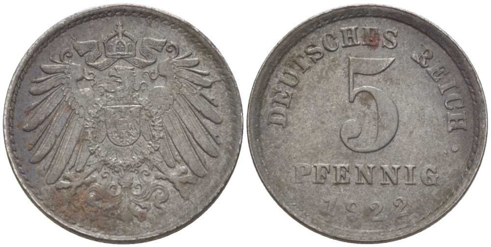 ГЕРМАНИЯ 5 ПФЕННИГОВ 1922 E KM 19, J. 297, Weege 5 железо 206-755