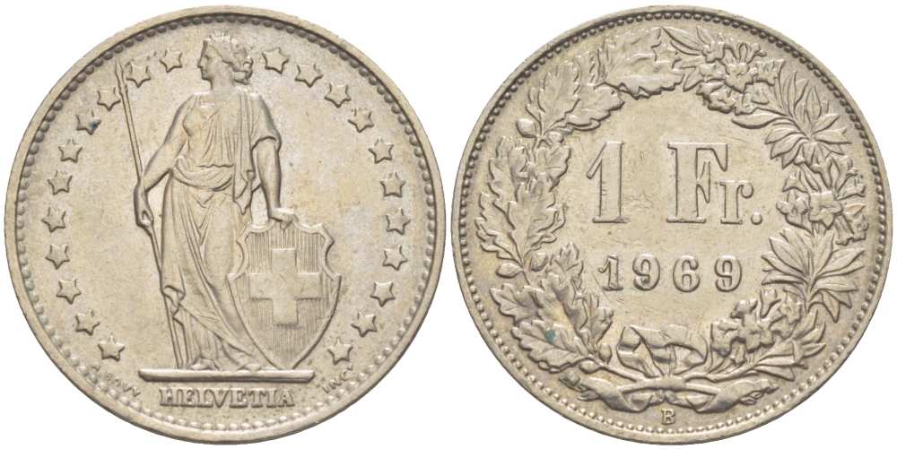 ШВЕЙЦАРИЯ 1 ФРАНК 1969 В KM 24а.1 медно-никель 210-1031