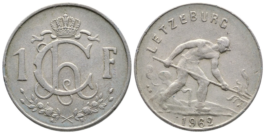 Люксембург 1 франк 1962 сталевар KM 46.2 медно-никель 259-427