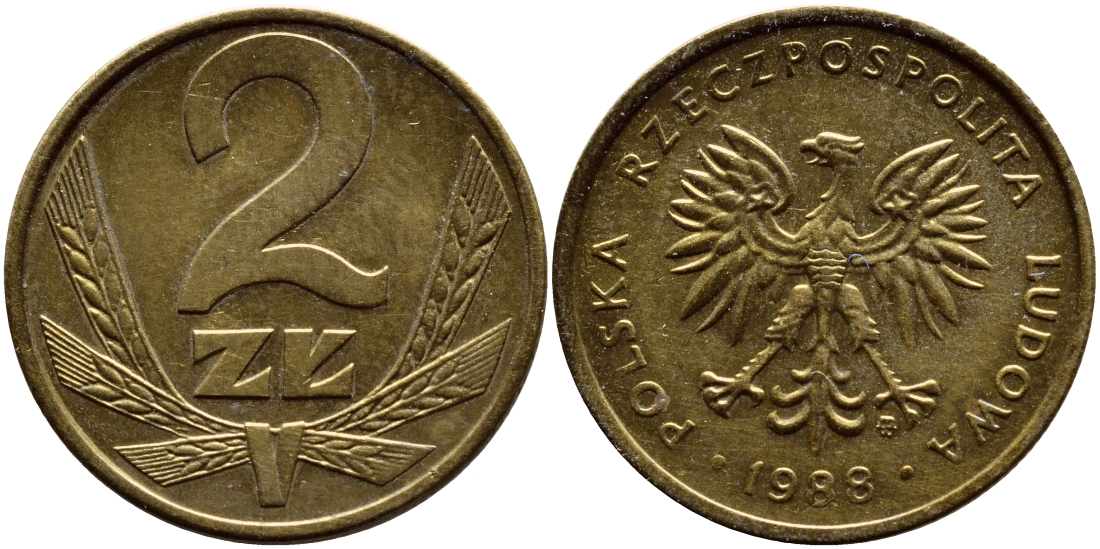 Польша 2 злотых 1988 MW KM 80.2, Parchimowicz 218c латунь 3458-231