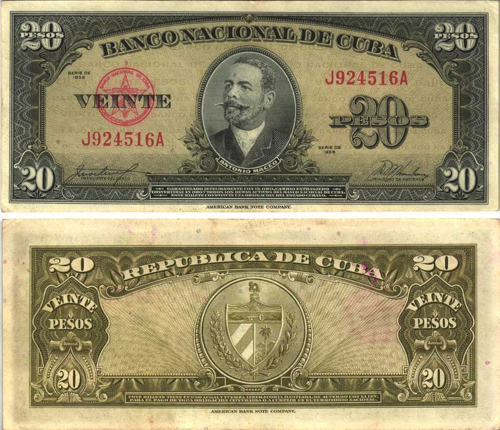 Куба 20 песо 1958 Антонио Масео, красная серия Pick 80 b бумага аUNC 7191-31-3-1