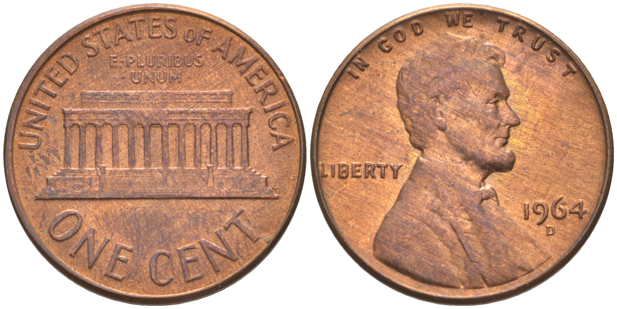 США 1 ЦЕНТ 1964 D, ЛИНКОЛЬН KM 201 медь цинк 187-1148