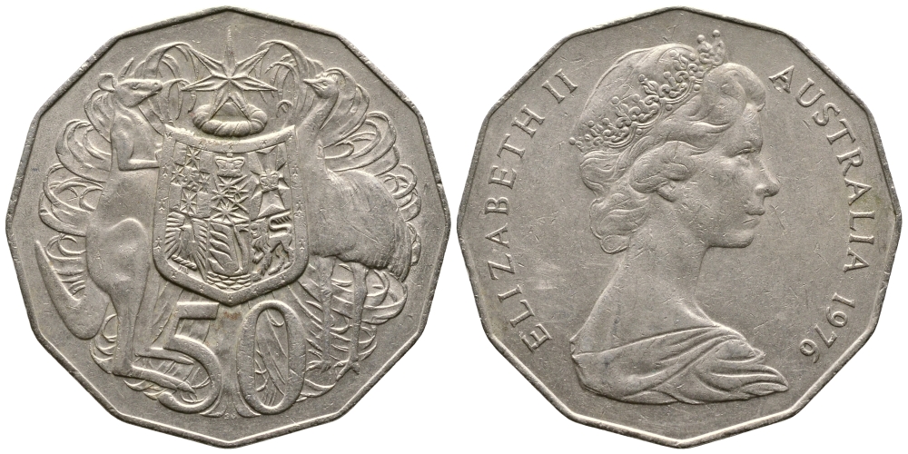 Австралия 50 центов 1976 Елизавета II (1952-2022), герб Австралии, кенгуру KM 68 медно-никель 84-1034
