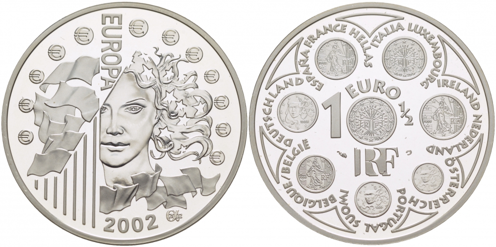 Франция 1 1/2 евро 2002 введение евро KM 1301 серебро PROOF 11-177-15