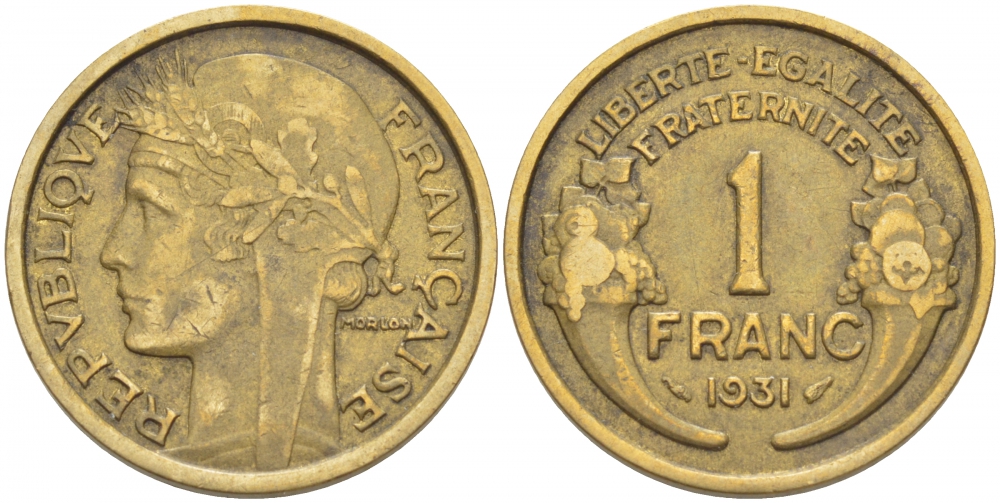 ФРАНЦИЯ 1 ФРАНК 1931 ТИП MORLON KM 885, LE FRANC 268.2 алюминиевая бронза 4402-847