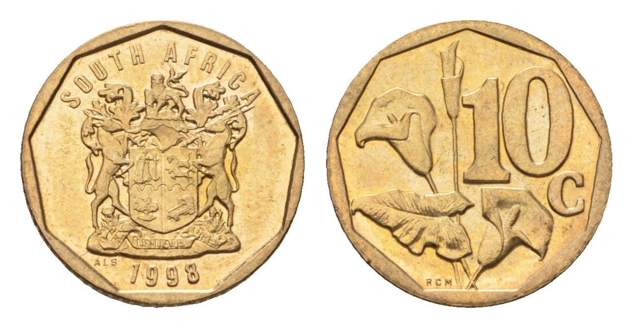 ЮАР 10 центов 1998 герб, цветок алоэ KM 161 сталь плакированная бронзой UNC 4694-747