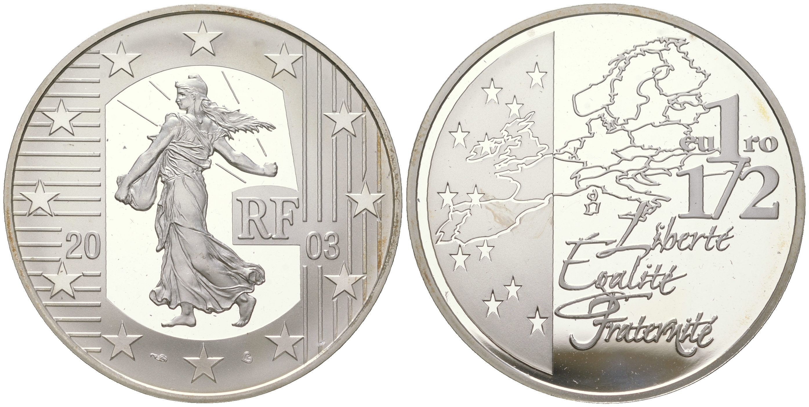 Франция 1 1/2 евро 2003 сеятель, евросоюз, в оригинальной коробке KM 2003 серебро  PROOF  3-4-6-03