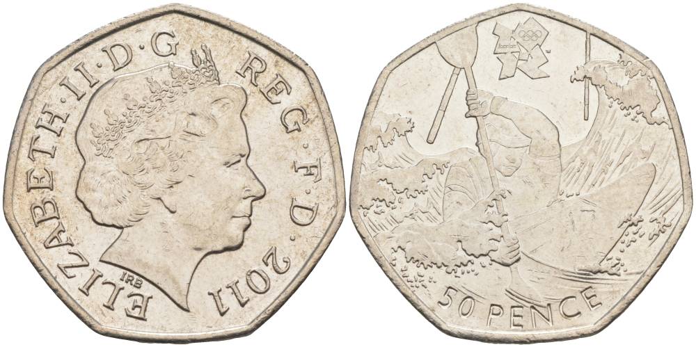 Великобритания 50 пенсов 2011 XXX летние Олимпийские игры в Лондоне в 2012 году, гребля, Елизавета II (1952-2022) KM 1168, Spink LO8 медно-никель 00-00