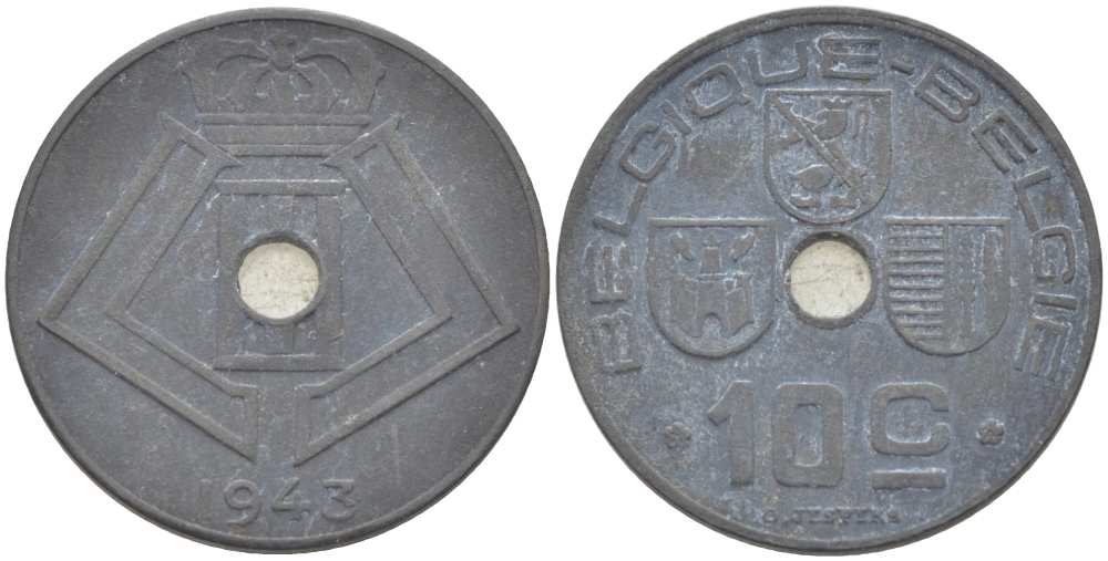 БЕЛЬГИЯ 10 САНТИМОВ 1943 BELGIQUE-BELGIE, ГЕРМАНСКАЯ ОККУПАЦИЯ, ВТОРАЯ МИРОВАЯ ВОЙНА KM 125 цинк 217-131