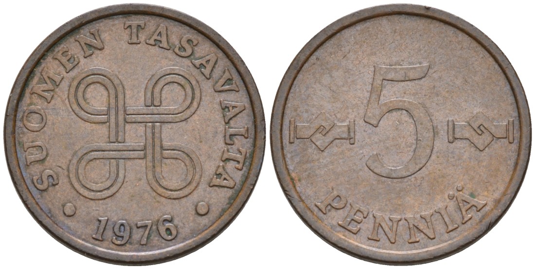 ФИНЛЯНДИЯ 5 ПЕННИ 1976 KM 45 медь 4549-1253