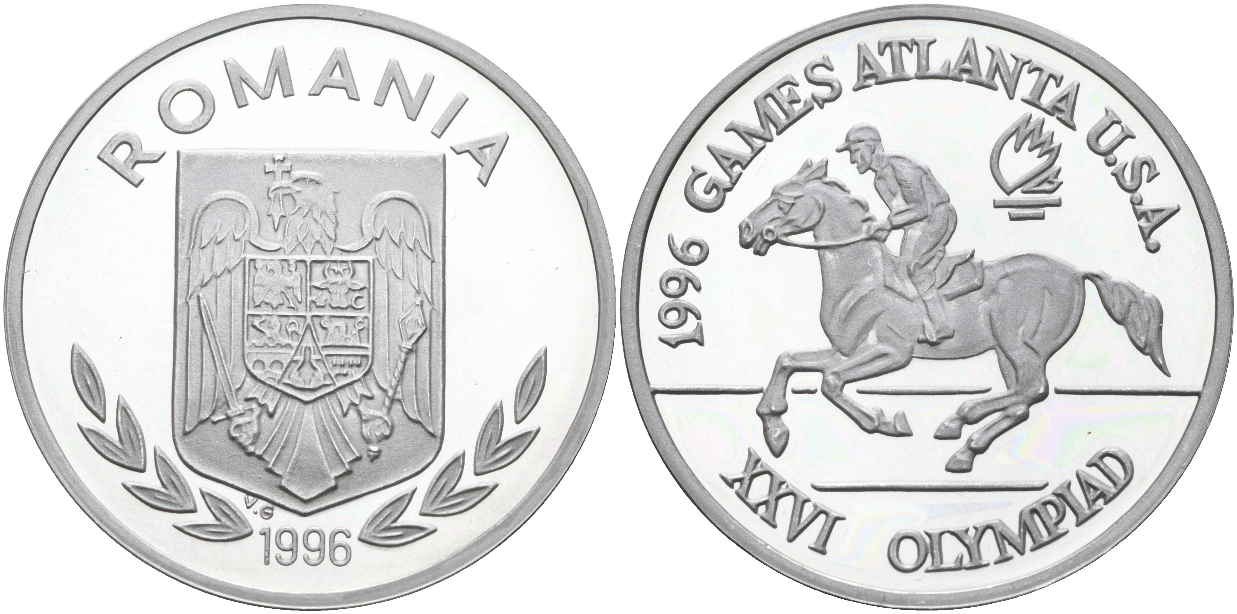 Румыния 100 леев 1996 XXVI Олимпийские игры 1996 года в Атланте, 100 лет Олимпийскому движению, скачки, пробный выпуск KM PnE 315.1A алюминий  PROOF  06-159-44