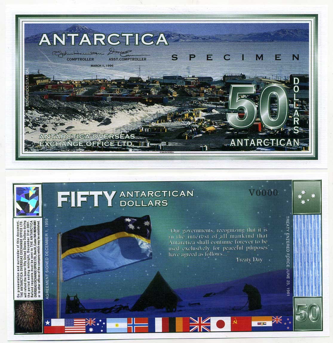 Антарктика (Антарктида) 50 долларов 1996 город полярников, Specimen бумага UNC (пресс) 449-10-2