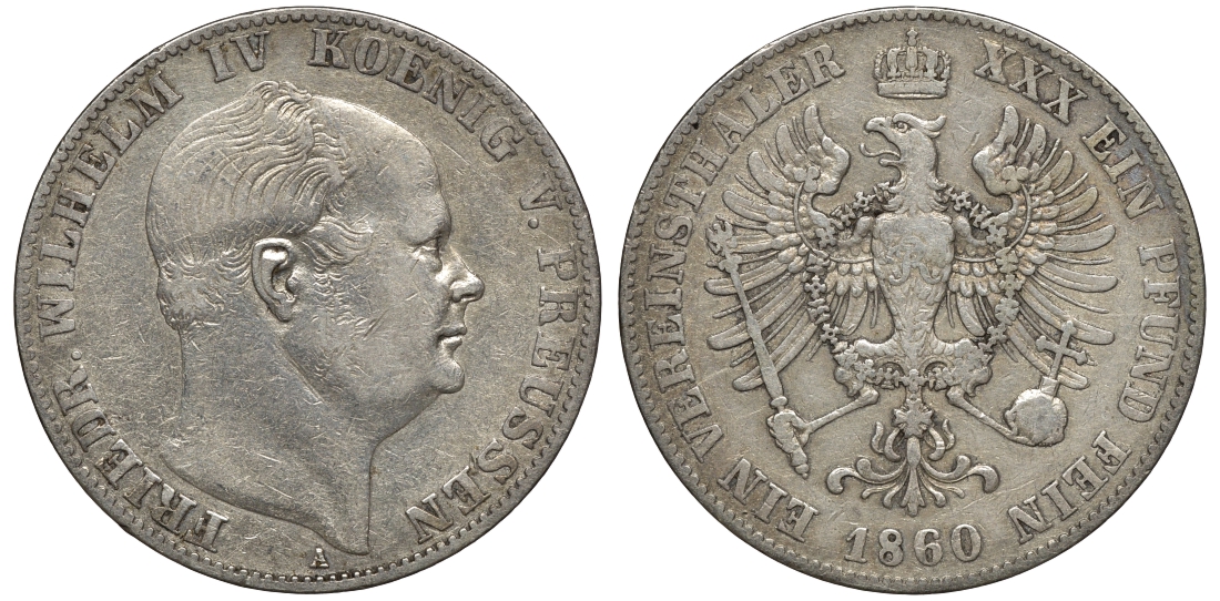 Пруссия 1 талер 1860 А, ФРИДРИХ ВИЛЬГЕЛЬМ IV (1840-1861) KM 471, AKS 78, Dav. 775 серебро 00-00