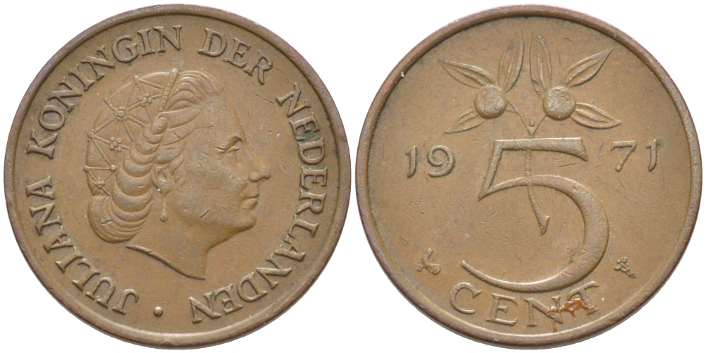 НИДЕРЛАНДЫ 5 ЦЕНТОВ 1971 ЮЛИАНА KM 181 бронза 3856-457