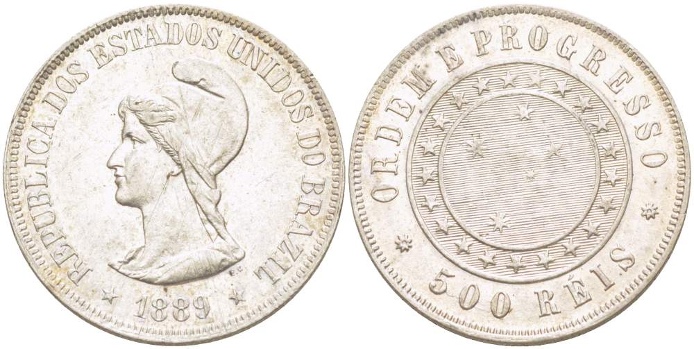 Бразилия 500 рейс 1889 Республика (1889-1942) KM 494 серебро 4529-625