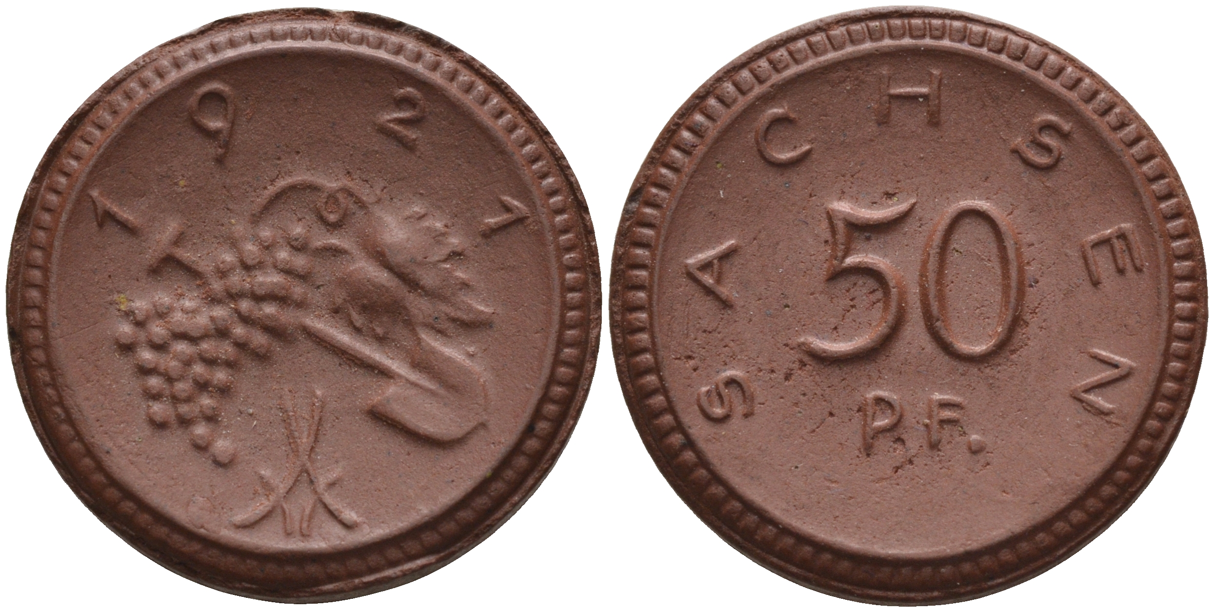 Саксония 50 пфеннигов 1921 виноград и лопата J. N 54 фарфор 1094-5-85