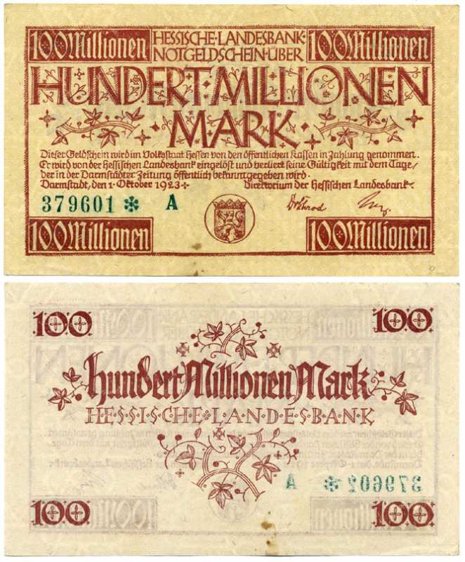 ДАРМШТАДТ, ГЕРМАНИЯ 50000000 МАРОК (50 МИЛЛИОНОВ) 1923 1 СЕНТЯБРЯ 1923, НОТГЕЛЬД, ЗЕМЛЯ ГЕССЕН, НОМЕР, СНЕЖИНКА, СЕРИЯ А, ЗЕЛЁНАЯ, HESSESCHE LANDESBANK Keller 956е бумага 8613-22-2-2