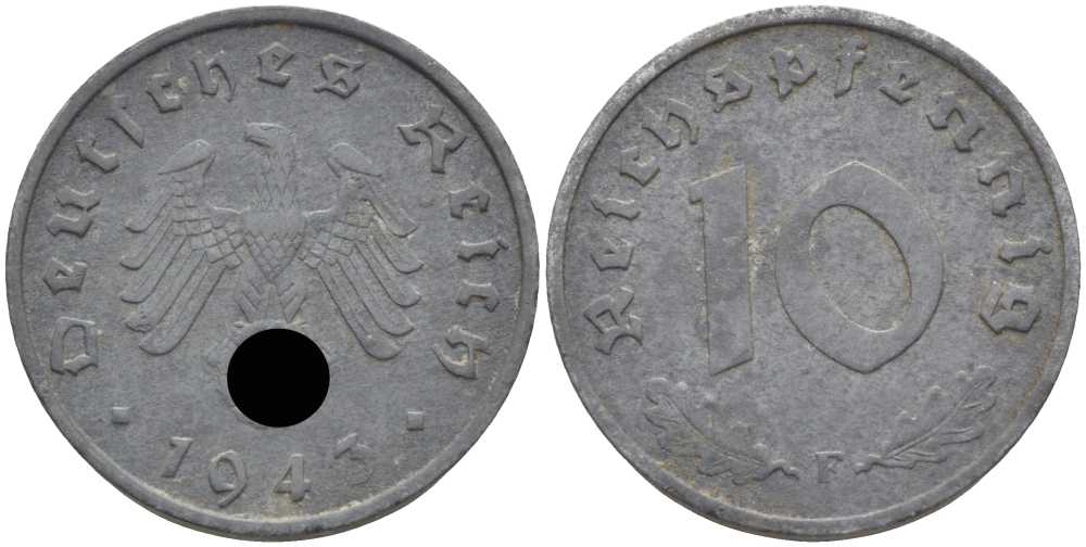ГЕРМАНИЯ 10 РЕЙХСПФЕННИГОВ 1943 F KM 101, J. 371 цинк 4401-544