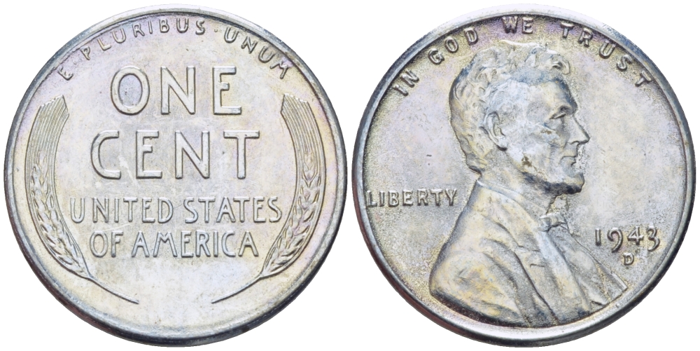 США 1 цент 1943 S (Сан-Франциско), Авраам Линкольн KM 132 a сталь плакированная цинком 39-137
