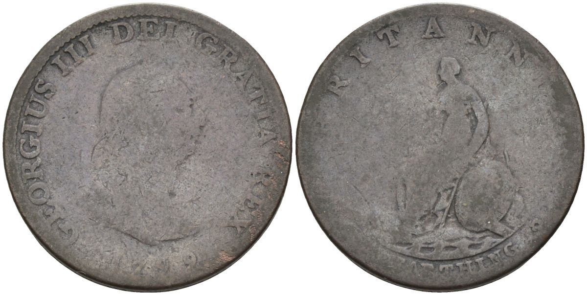 Великобритания 1 фартинг 1799 Георг III (1760-1820) KM 646, Spink 3779 медь 4126-655