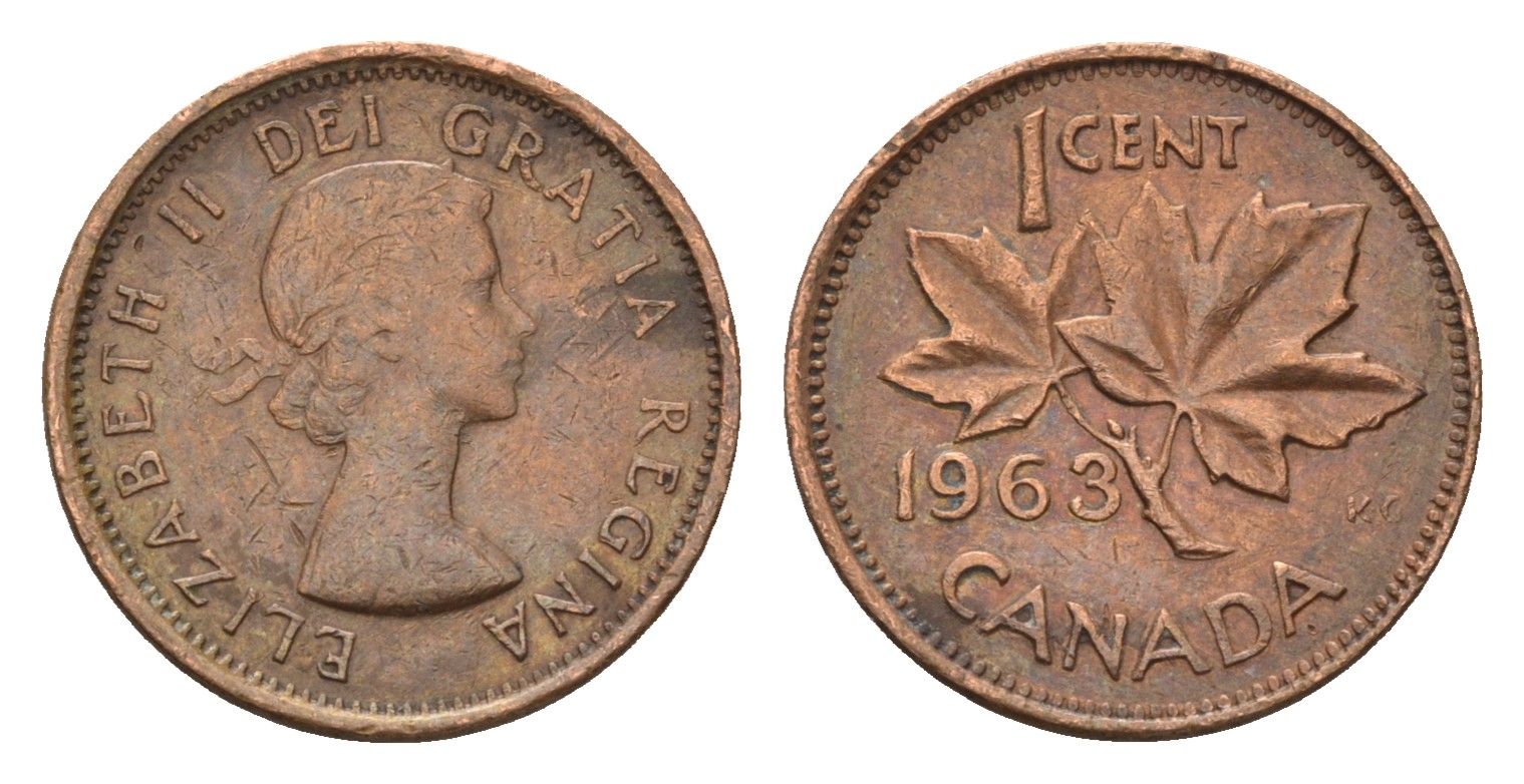 Канада 1 цент 1963 Елизавета II (1952-2022), кленовый лист KM 49 бронза 4181-1165