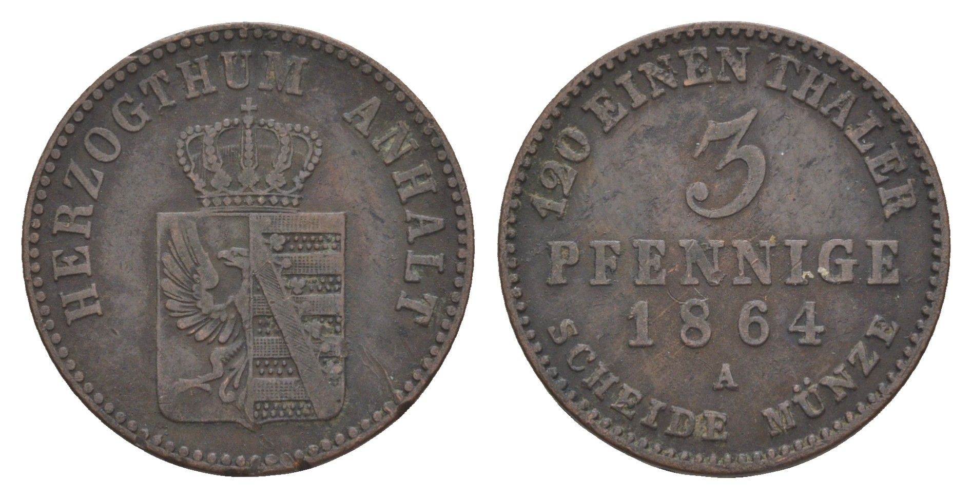 Ангальт-Бернбург 3 пфеннига 1864 A, Леопольд IV (1863-1871) KM 98, AKS 33, J. 68 медь 1525-1142