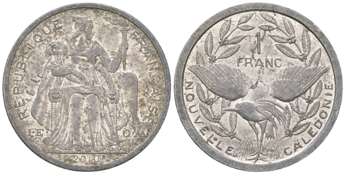 Французская Новая Каледония 1 франк 2010 птица кагу, (IEOM) KM 10, Schoen 10 алюминий 35-1124